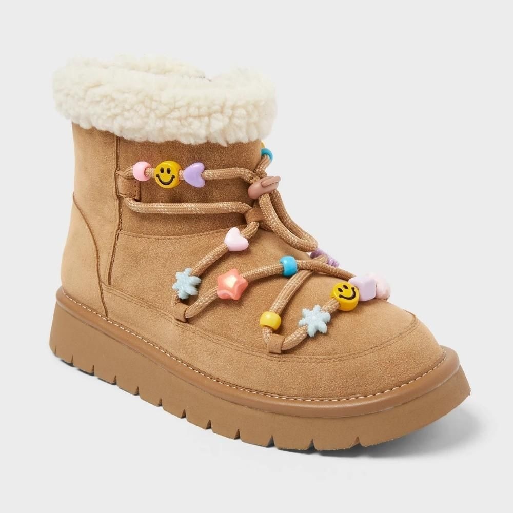 2Y Art Class Girls Char Faux Suede Beaded Ankle Boots Tan Platform